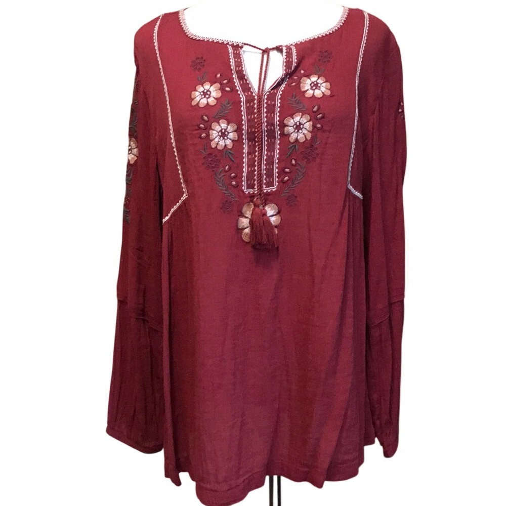 Sonoma Goods‎ For Life Womens 1X Burgundy Floral Embroidered Boho Peasant Blouse